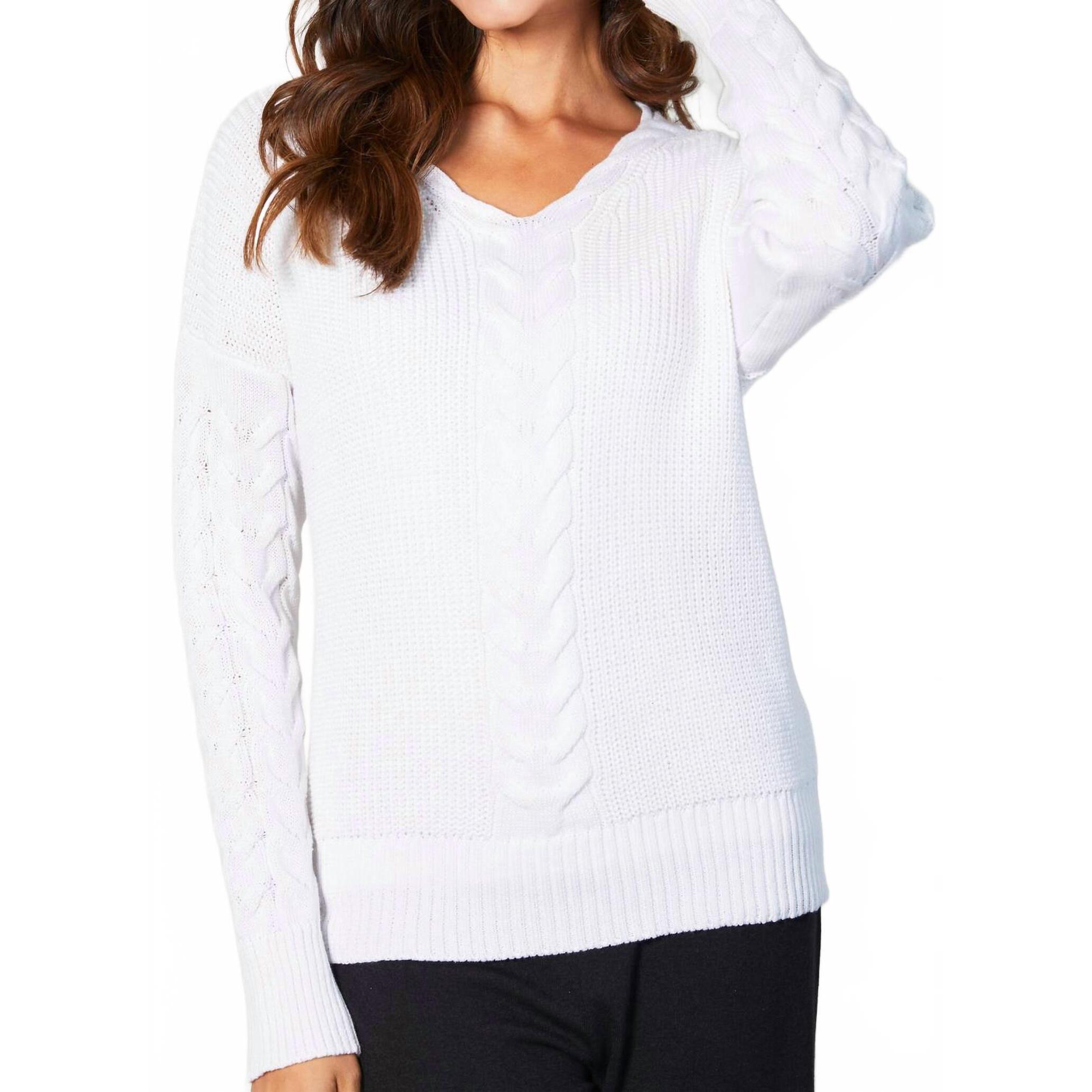 New French Kyss Cable V-Neck Top In White